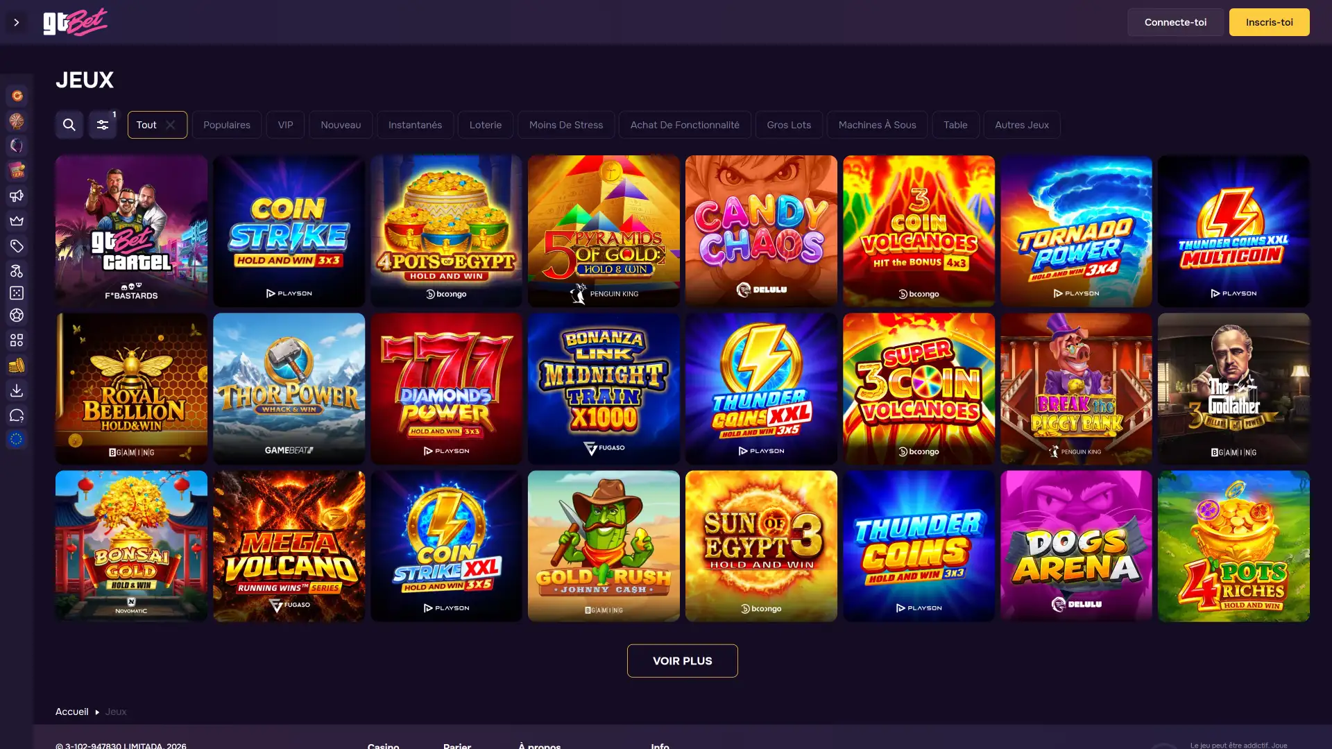 Choisissez un jeu de casino sur le site officiel de GTbet.