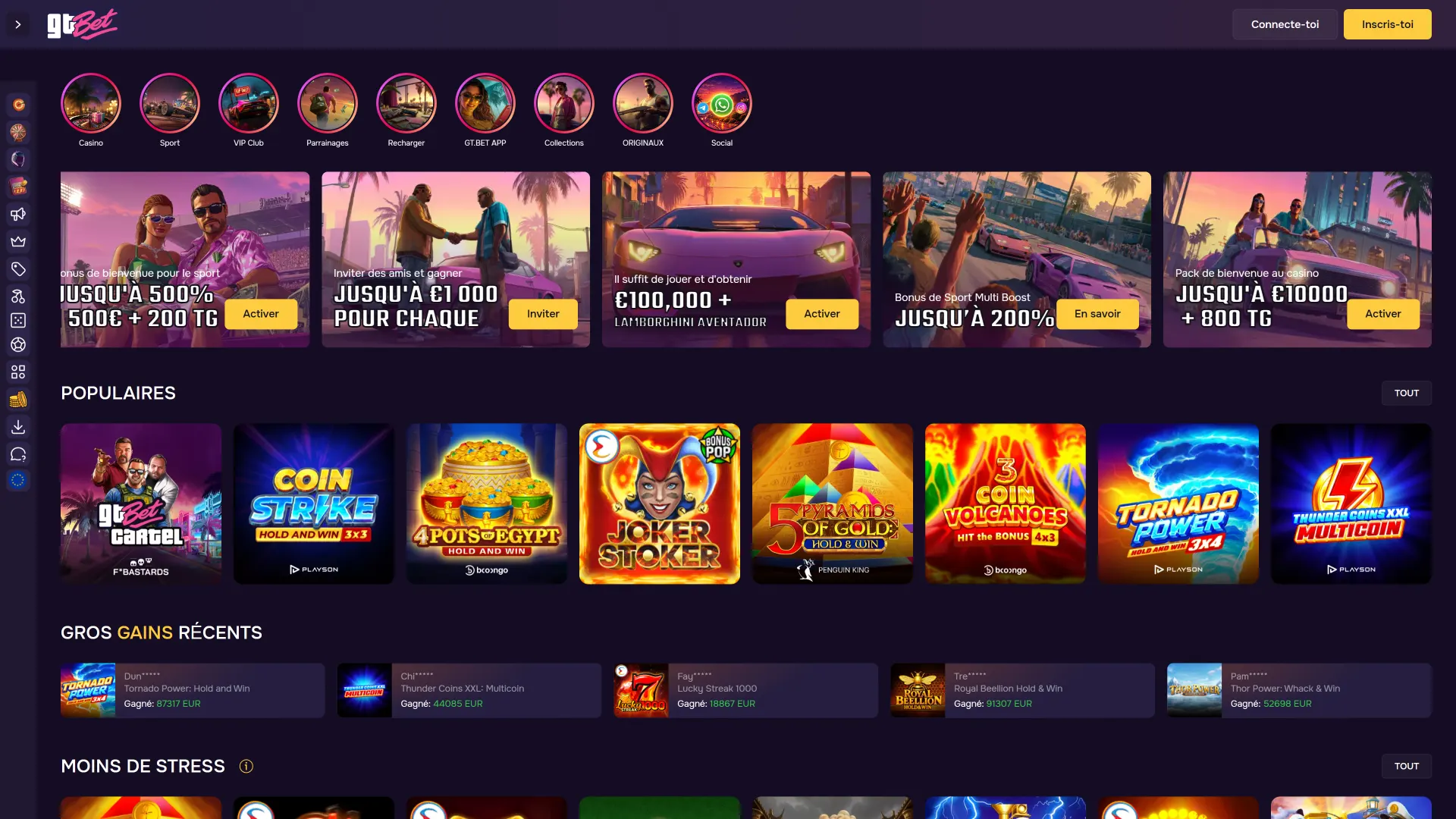 Profitez de toutes les fonctionnalités de la plateforme GTbet, jouez aux slots populaires et pariez sur le sport.