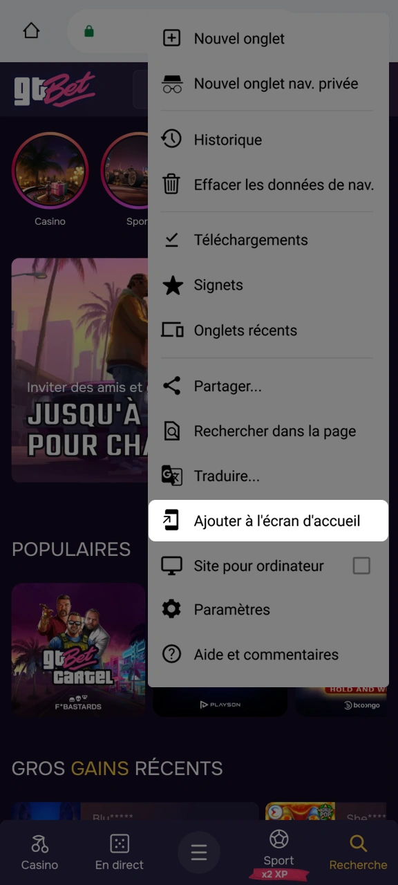Ajoutez GTbet à l'écran d'accueil de votre appareil Android.