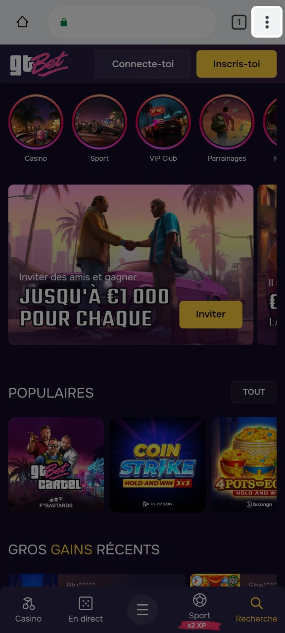 Ouvrez le menu du navigateur pour ajouter GTbet à votre téléphone.