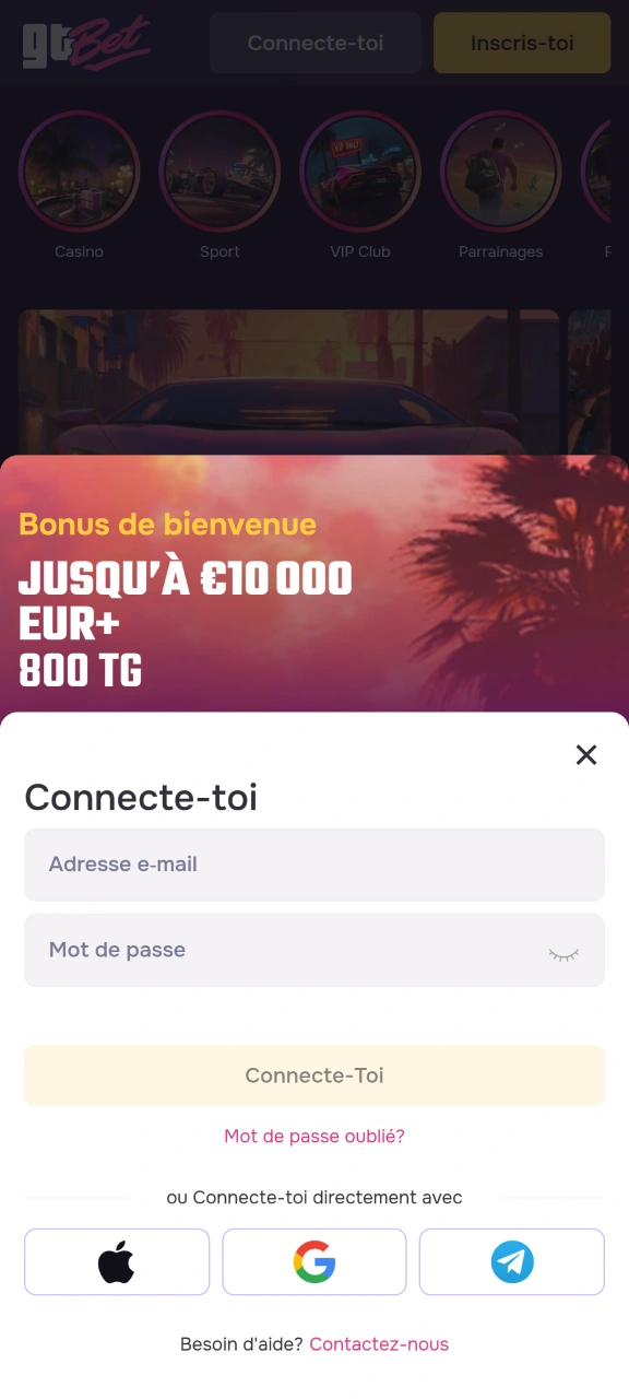 Connectez-vous à votre compte ou inscrivez-vous sur GTbet.