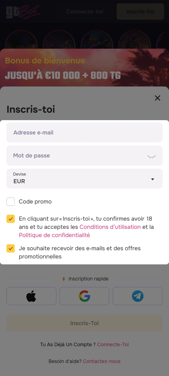 Saisissez vos informations personnelles dans les champs d'inscription prévus à cet effet sur GTbet.