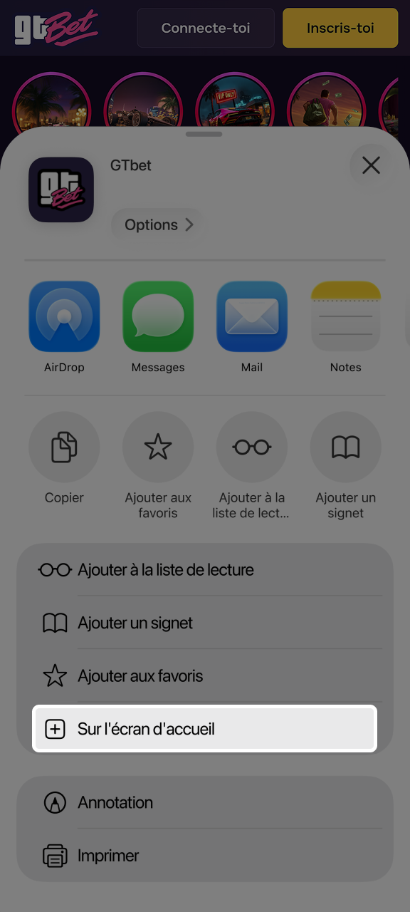 Sélectionnez l'option Ajouter à l'écran d'accueil et ajoutez GTbet à votre écran d'accueil.