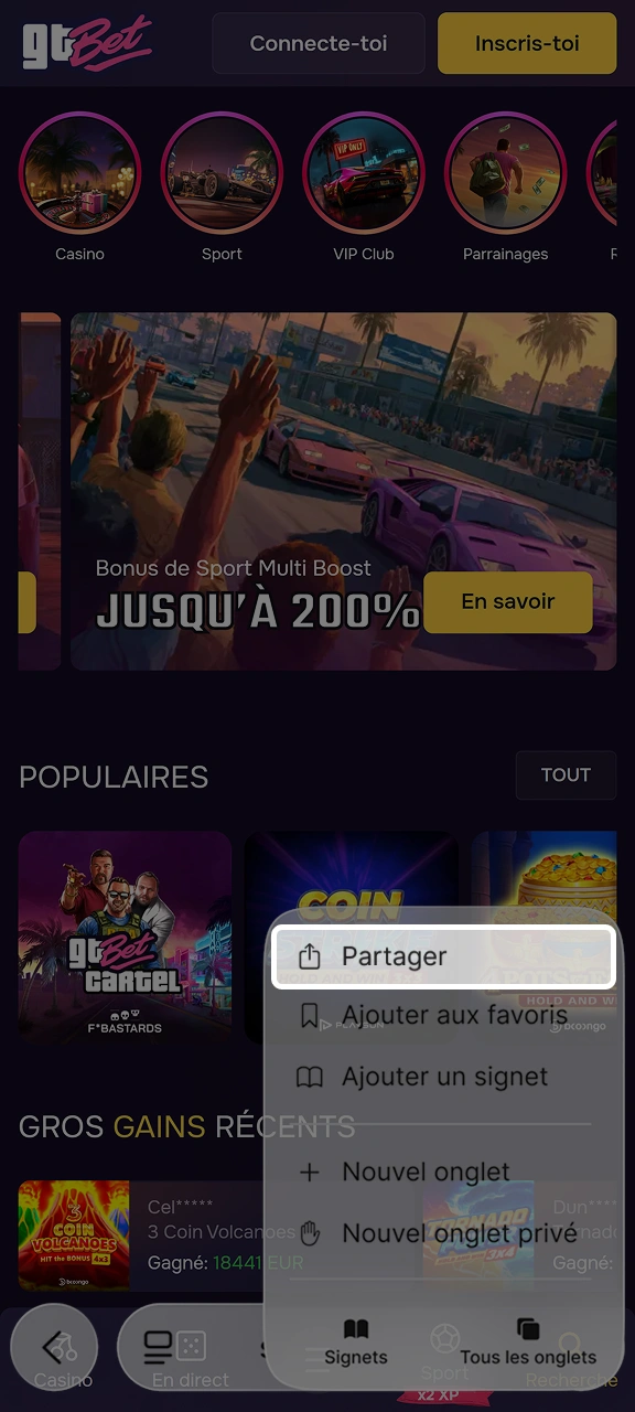 Cliquez sur Partager pour ajouter GTbet à votre écran d'accueil.