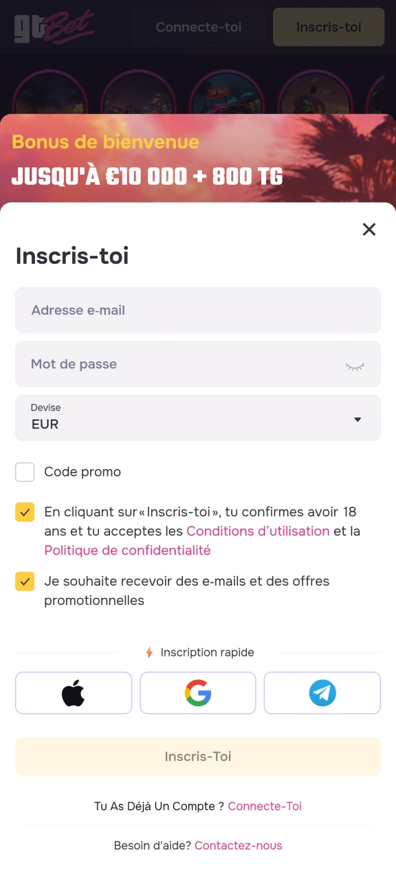 Créez votre compte GTbet pour bénéficier de bonus.