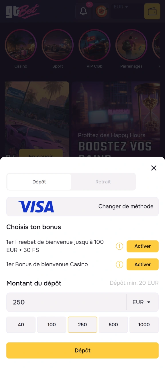 Effectuez votre premier dépôt pour bénéficier des bonus proposés par GTbet.